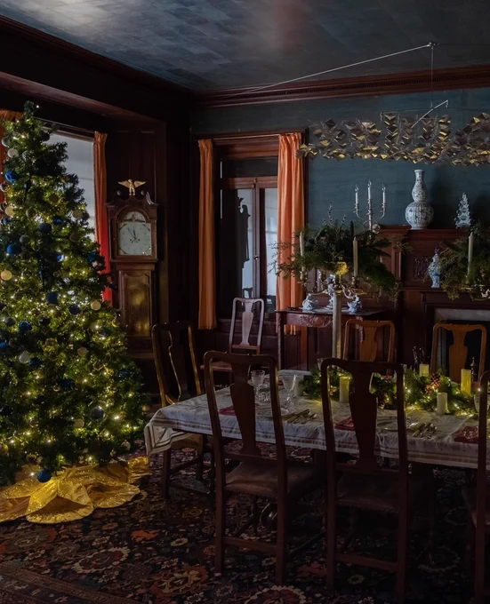 A Christmas tree and table set inside a room