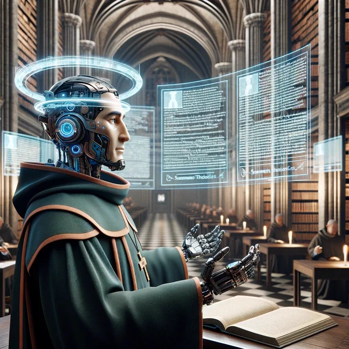 Dall-E image generated from the prompt: "A cybernetic St. Thomas Aquinas debating the Summa Technologiae" 