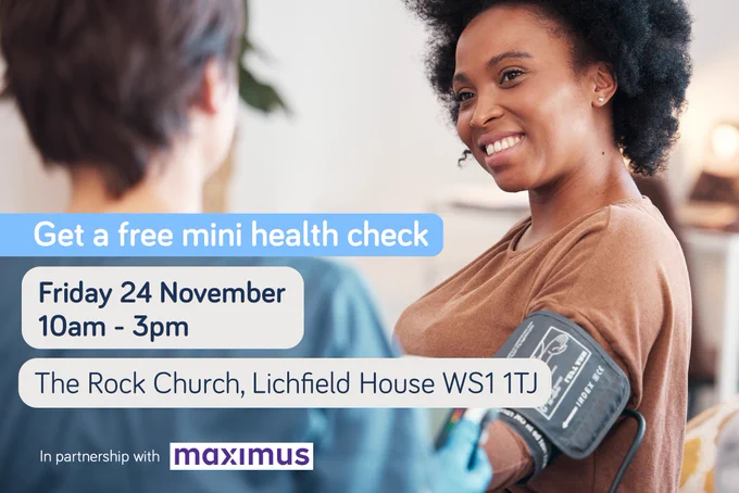 Image depicts information about a free mini health check event run by whg on Friday 24 November from 10am to 3pm at The Rock Church, Walsall. Image depicts a woman getting a blood pressure check.