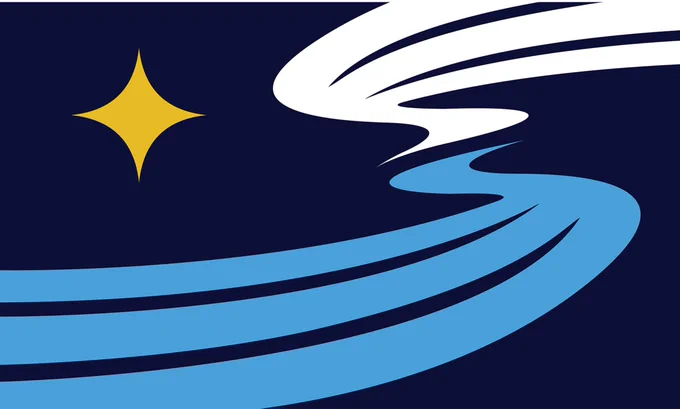 A flag design of a yellow star with a sky blue river (or loon) and white snow (or loon), all on a navy blue background. 