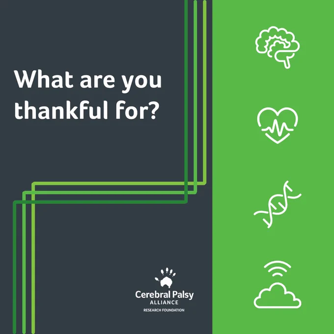 charcoal gray and green graphic with white text, “What are you thankful for?” Icons of a brain, heart, DNA strand, and cloud appear to the right with a CPARF logo inset.