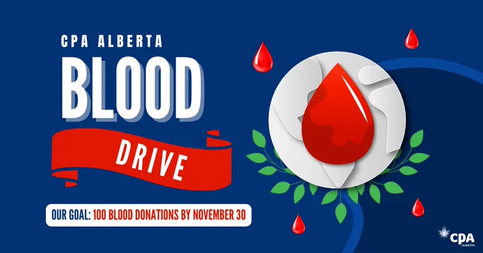 Blue background featuring a circular grey illustration on the right. At the centre of the illustration is a red blood drop. Encircling the globe are four smaller blood drops. Beneath the globe, there are green leaves. Text in the post. 