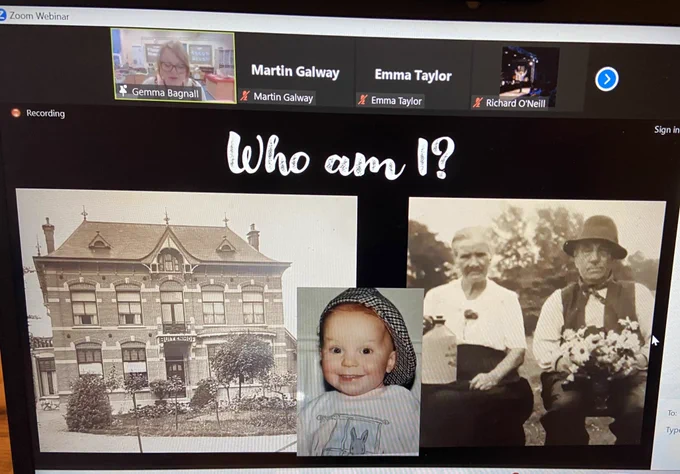 Slide titled Who  Iam I? with pictures of speaker Gemma Bagnall as a child and her grandparents.
