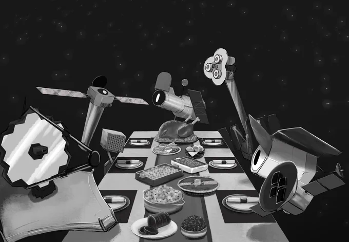 Black-and-white, comic-style illustration of several NASA missions grouped around a large table laden with traditional Thanksgiving foods. Starting from the very left and going clockwise around the table, the satellites are: Webb, Chandra, NICER, Hubble, NuSTAR, Roman, and TESS. The foods on the table include a Thanksgiving turkey, snacks, bread rolls, casserole, stuffing, a pie with the Fermi telescope baked onto it as decoration, and finally both canned cranberry sauce and fresh cranberries. The background of the illustration is a black starry field. Credit: NASA