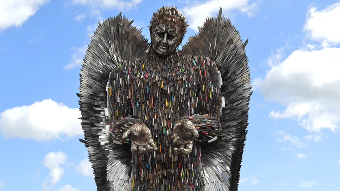 Image depicts the knife angel sculpture. 