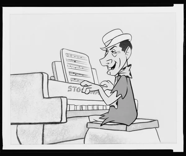 Black and white cartoon drawing of Hoagy Carmichael wearing a hat and playing a piano made of stone with the word “Stoneway” appearing above its keyboard.