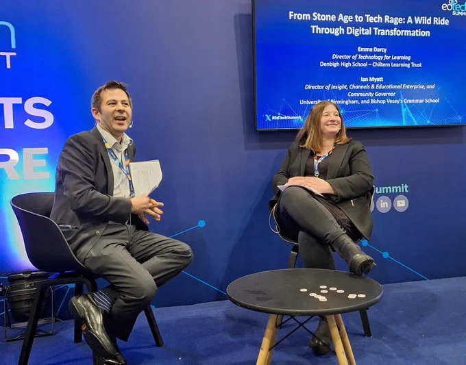 Ian Myatt and Emma Darcy in the Insights Theatre at the EdTech Summit.