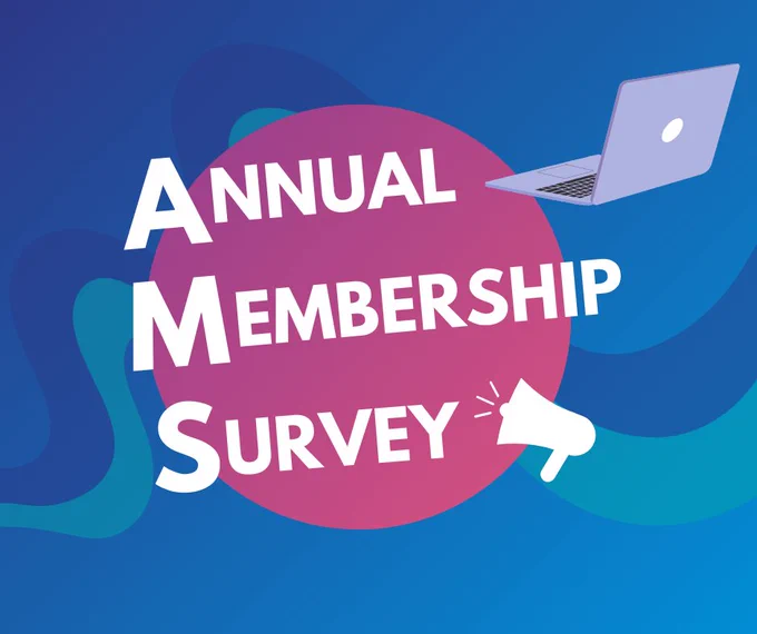 The image shows a blue and green wave in the background and the text reads: Annual Membership Survey along with a laptop and megaphone. 
