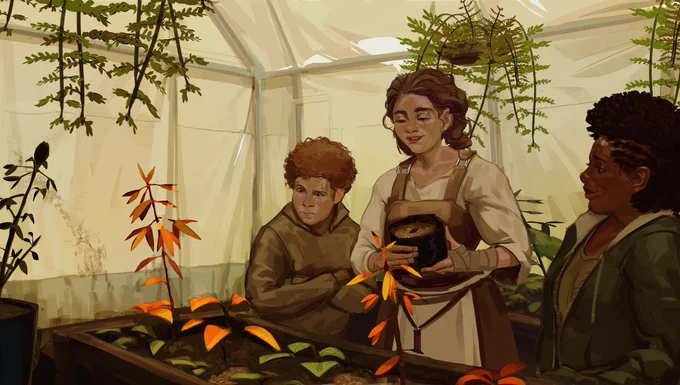 Há três pessoas no quadrante esquerdo da imagem, em um local que remete a uma estufa. Plantas pendentes ficam na parte superior da ilustração e outras com folhas alaranjadas tomam a atenção na parte inferior. Todas as pessoas em cena as estão olhando. A descrição dessas pessoas, da esquerda para a direita: a primeira está com os braços cruzados, com expressão confusa, seus cabelos são ruivos, curtos e com bastante volume, veste um moletom verde simples; a segunda veste avental marrom e branco, segura um vaso de plantas com terra e algumas sementes, sua expressão é serena e a boca semiaberta, os cabelos são levemente ondulados e castanhos; a terceira tem cabelos pretos e crespos, com a lateral trançada, esboça um sorriso e tem expressão amigável, veste uma blusa de moletom verde com zíper, o forro da touca é branco.