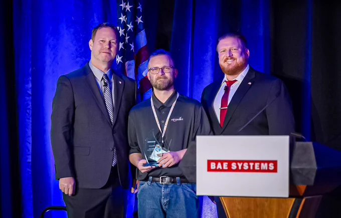 BAE Systems’ Combat Mission Systems business Partner2Win 2023 Supplier of the Year Award for Most Improved Supplier of the Year. From left, BAE Systems’ Supplier Quality Assurance Director Randy Fawver, Futuramic’s Jason Jurcak, and BAE Systems’ Supplier Development Manager Chad Lemmons.