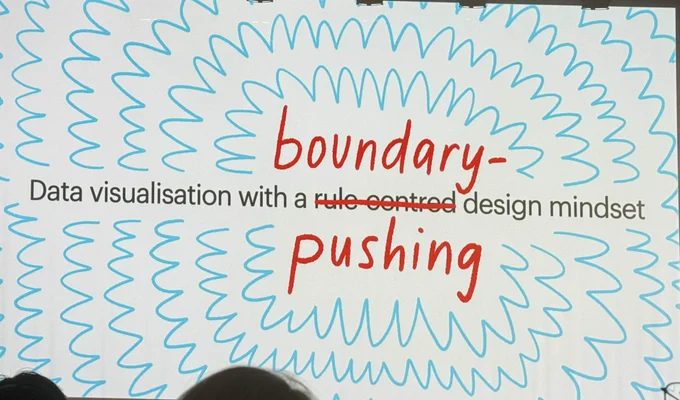 An image with text saying “Data visualization with a boundary-pushing design mindset” where “boundary-pushing” is written over crossed-out text saying “rule centered”