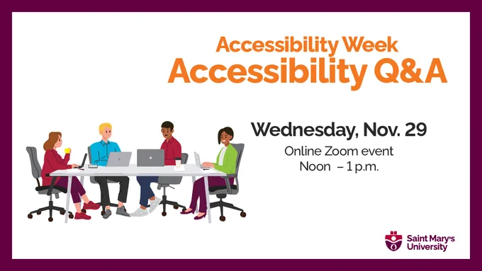 A promotional banner for Accessibility Week featuring the event "Accessibility Q&A". The event is scheduled for Wednesday, Nov. 29, and is an online Zoom event running from Noon to 1 p.m.