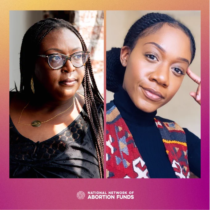 Pink and yellow gradient background with a split screen with photos of Oriaku Njoku, Executive Director of NNAF on one side, and Chasity Wilson, Executive Director of Louisiana Abortion Fund on the other.