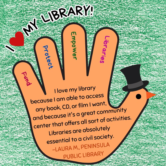 An orange hand turkey wearing a top hat. In the fingers are the words "fund, protect, empower, libraries." Above is the text "I love my library!" In the hand is the text: "I love my library because I am able to access any book, CD, or film I want, and because it's a great community center that offers all sort of activities. Libraries are absolutely essential to a civil society. -Laura M., Peninsula Public Library.