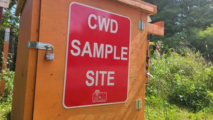 A wooden box, painted blaze orange, with a red metal sign that reads "CWD Sample Site."