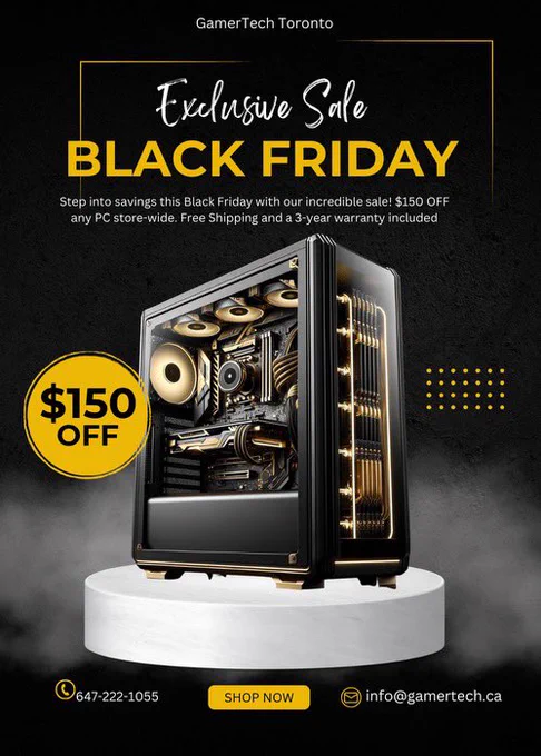 Gaming PC showing Black Friday sale of $150 off any PC at GamerTech Toronto as well as free shipping and an included 3-year warranty