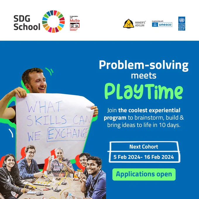 Applications Open for #SDGSchool2024
SDG School is an amazing learning opportunity where people like you, from different backgrounds, come together to tackle important community problems. Here, you'll not only learn about the global goals for a better world, but you'll also receive the support and connections to kickstart your own projects for a more sustainable future. Apply to the program and join us in making a positive impact! 

Format : 10 Days of virtual collaborative learning   5 days of in person acceleration
Website : www.makersasylum.com/sdg-school/
Early application deadline : 10th January 2024
Ages 16  (no upper limit)
Save this post and spread the word!