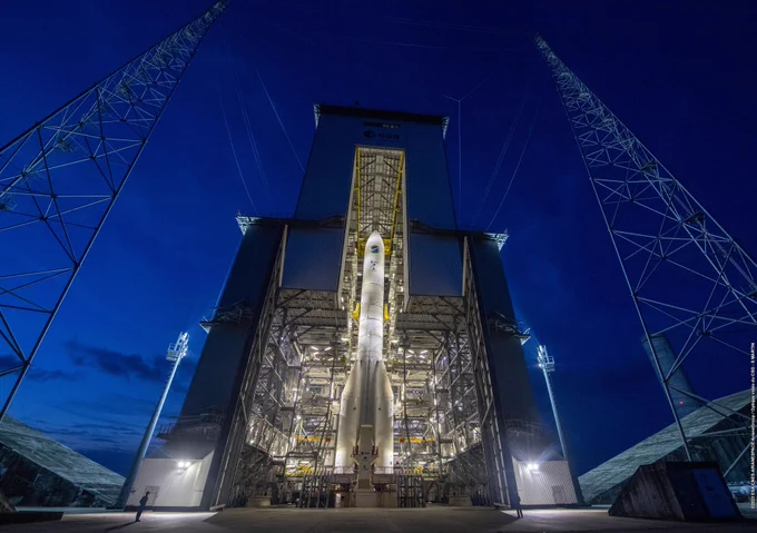 Ariane 6 test model on 24 October 2023 at dusk as the mobile building is rolled away before a test rehearsal. A team of CNES, ESA, Arianespace and ArianeGroup personnel at Europe’s Spaceport in Kourou, French Guiana, completed a full-scale wet rehearsal of the new Ariane 6 rocket that was fuelled and then drained of its fuel. The test lasted over 30 hours with three teams working in shifts of 10 hours each.