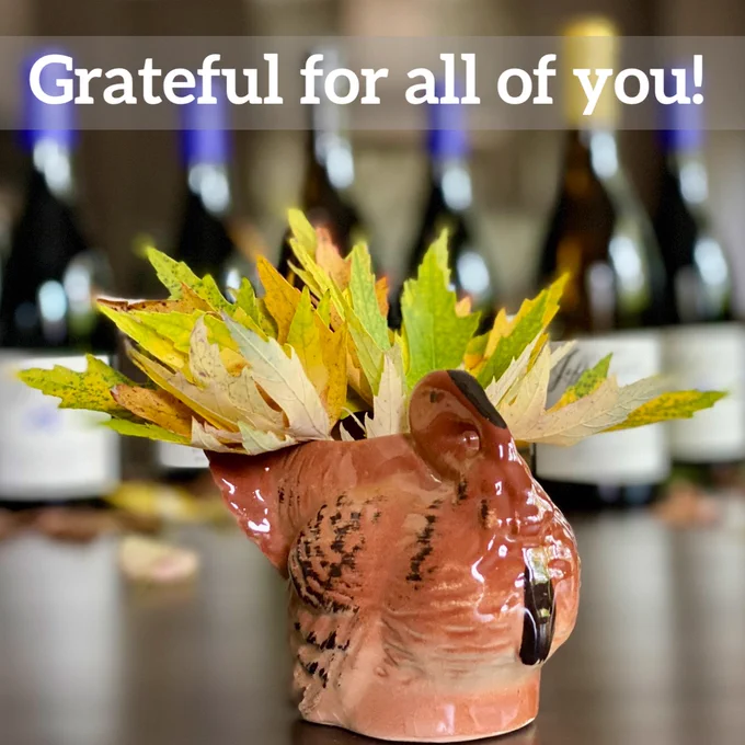 A ceramic turkey with leaves as tail feathers on a table with Jeff Cohn Cellars wine bottles.
