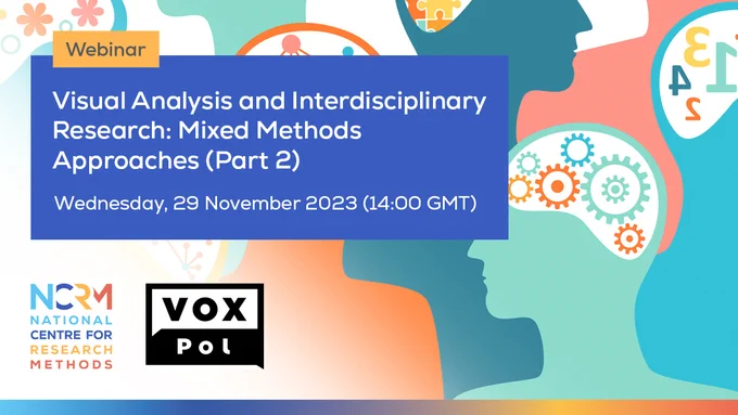 A promotional graphic for the webinar Visual Analysis and Interdisciplinary Research: Mixed Methods Approaches Part 2, which will be held on Wednesday, 29 November 2023 at 14:00 GMT.