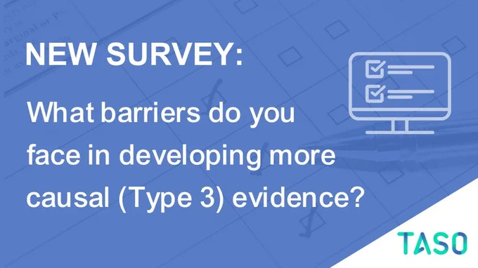 Image of paper survey with a blue hue. Graphic of an online survey. Blue / green TASO logo on white triangular background. White text reads: New survey: What barriers do you face in developing more causal (Type 3) evidence?