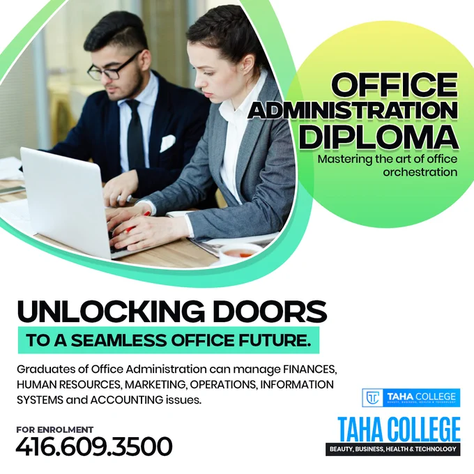 Office administration graduates from Taha College possess the skills to handle various areas including #accounts, #finance, #human #resources, #marketing, #operations, and #information systems matters