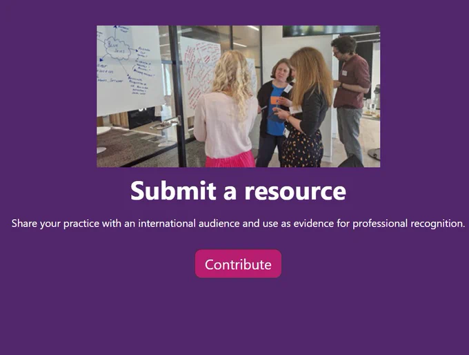 image of learning developers working around a flip chart. The text reads Submit a resource. Share your practice with an international audience and use as evidence for professional recognition. 