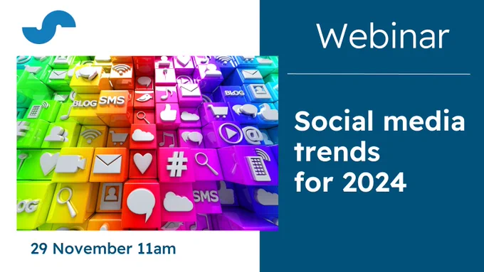 A collage of social media icons. Text reads: Webinar - Social media trends for 2024, 29 November 11am