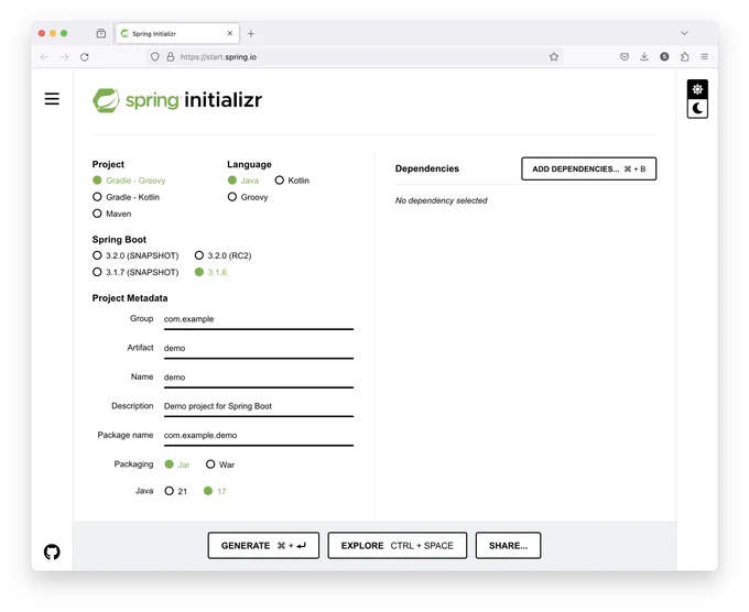 start.spring.io homepage with only Java 17 & 21 now that Spring Boot 2.7.x is out of OSS support.