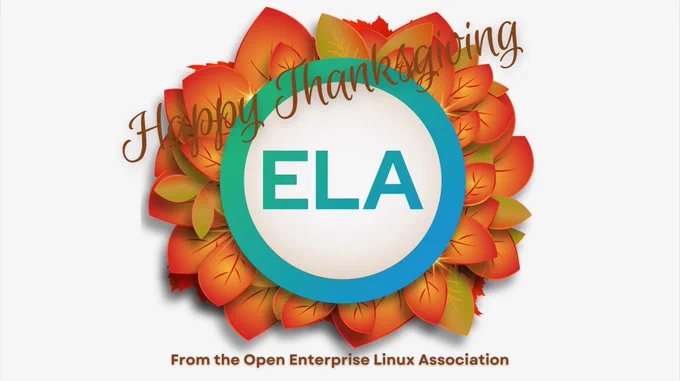 A wreath of autumn leaves surround the open ela logo, with the text “Happy Thanksgiving from the open enterprise software foundation”