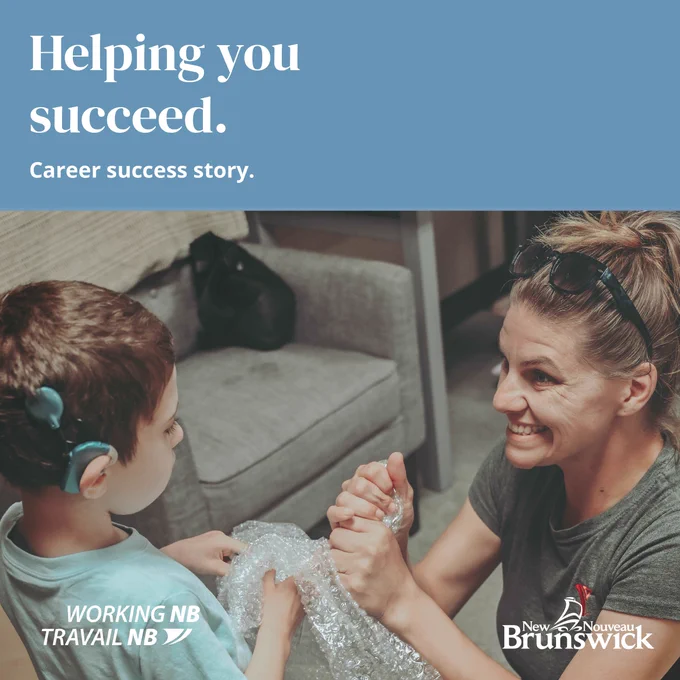 Helping you succeed. A career success story. Crystal and a young child play with bubble wrap. Crystal is smiling at the boy, who has a cochlear implant.