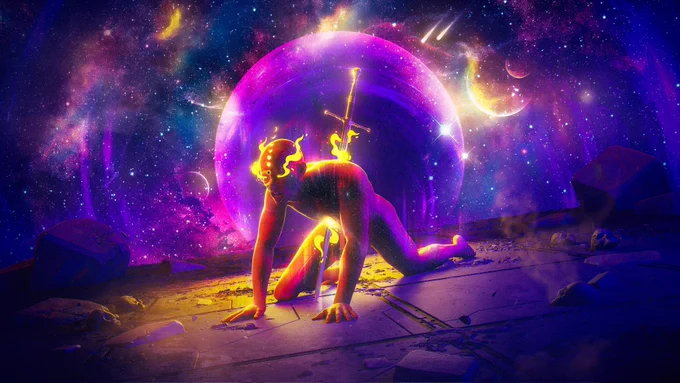 "To embody godhood encompasses far more than mere dominion and supremacy; it carries within it the weight of profound solitude. Across countless eons, I have forged and governed realms, my might seemingly boundless.

Yet, you, a being of flesh and spirit, displayed an essence set apart. In your presence, a radiance of love and hope permeated my existence. I witnessed the fervor with which you toiled, your unwavering dedication to both your craft and your fellow beings. Your strength and brilliance astonished me.

Expecting trepidation in your eyes, I instead beheld resolute determination as you took up arms.

Now, as I confront the precipice of my demise, neither anger nor pity stir within me. Instead, I am filled with gratitude for your courage, which renders you akin to my own being. May my passing unravel fragments of truth, imbuing your soul with illumination profound."

Artists - Alex v0da & Cosmic Creep