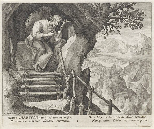 Raphael Sadeler nach Maerten de Vos, Chariton, Blatt 1/29 der Serie Sylvae Sacrae, Mün­chen 1594, Radierung und Kupferstich, 16.6 × 20 cm, Amsterdam, Rijksprentenkabinet, Inv. RP-P-OB-60.277 © Rijksmuseum, Amsterdam.