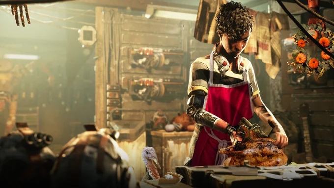 An image depicting Bertha Jr cutting a Turkey. 