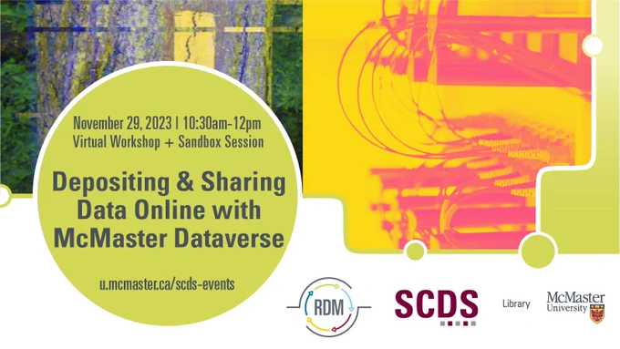 Promotional event graphic. Text reads: Depositing and Sharing Data Online with McMaster Dataverse. Nov. 29, 2023. 10:30 a.m. to 12 p.m. Virtual Workshop and Sandbox Session. u.mcmaster.ca/scds-events