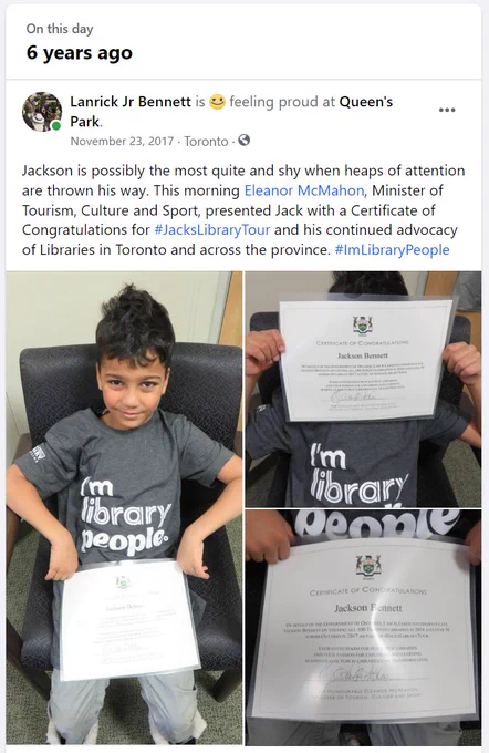 Image of Jackson seated with his Certificate of Congratulations

Text

Jackson is possibly the most quite and shy when heaps of attention are thrown his way. This morning Eleanor McMahon, Minister of Tourism, Culture and Sport, presented Jack with a Certificate of Congratulations for #JacksLibraryTour and his continued advocacy of Libraries in Toronto and across the province. #ImLibraryPeople