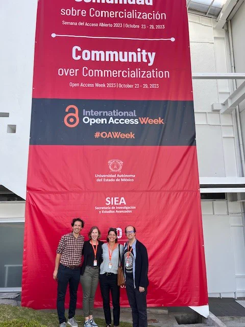 Together for International Open Access Week 2023's theme of Community over Commercialization, at the Global Diamond OA Summit in Mexico!

Left to right: 

Juan Pablo Alperin (ScholCommLab, SFU / PKP), Melissa Hagemann, (The BOAI), Heather Joseph (SPARC) & Ross Mounce (Arcadia Fund)