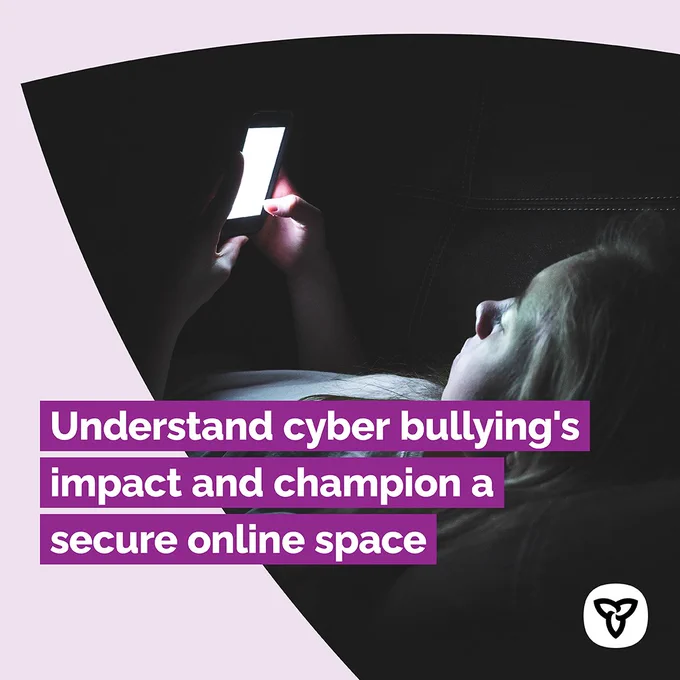A student messaging on their cell phone. Title: Understand cyberbullying’s impact and champion a secure online space