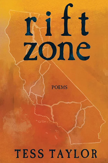 The cover of RIFT ZONE, which shows an outlined map of California against a burnt orange background. 
