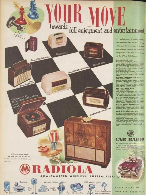 A colour advertisement for the Amalgamated Wireless. There is a chessboard with various radios and record players placed on the squares like chess pieces. 