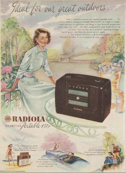 A colour advertisement for Radiola. A watercolour image of a woman sitting on a bench outdoors with a Radiola sitting nearby on a table. 