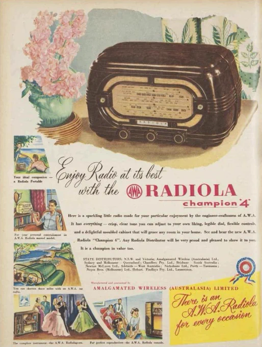 An advertisement for Radiola. The Radiola is sitting on a tabletop. In the bottom left corner of the ad there are various shots of where the radio can be used such as in the car, in the living room and on the beach. 