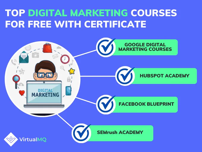 🚀🎓 Exciting News! Unlock Your Marketing Potential for FREE! 



🔥 Dive into the world of digital marketing with top courses offering FREE certificates! 🌐💼 Enhance your skills with Google Analytics, HubSpot Academy, Facebook Blueprint, SEMrush Academy, and more. Don't miss this opportunity to elevate your digital marketing game in 2023! 📈✨ 



#DigitalMarketingTraining #freecourses  #marketingskills  #digitalmarketing2023 #marketing  #mobilemarketing  #socialnetworking 

#digitalmarketingtips  #socialmediamanagement  #socialmediamarketingtips 

------------------------------------------------------------------------------------

✅ About VirtualMQ:



VirtualMQ, is a talent management platform focusses into providing skilled experts on-demand through its wide pool of exceptional resource bench servicing clients across the globe in a remote working environment. We source, vet, connect, and manage the world's best remote talent. 