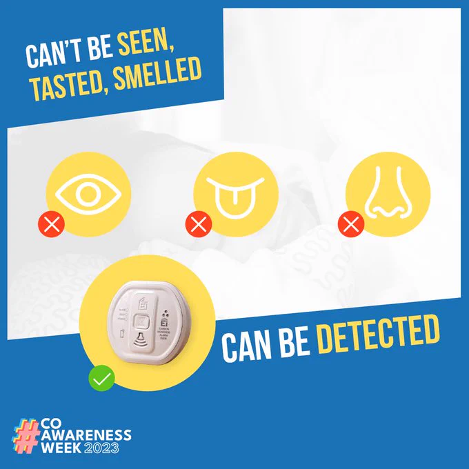 A graphic with the text 'Can't be seen, tasted or smelled'. There are symbols of an eye, a tongue, and a nose all with a cross. There is then an image of a carbon monoxide alarm with a tick, and text that says 'can be detected'. 