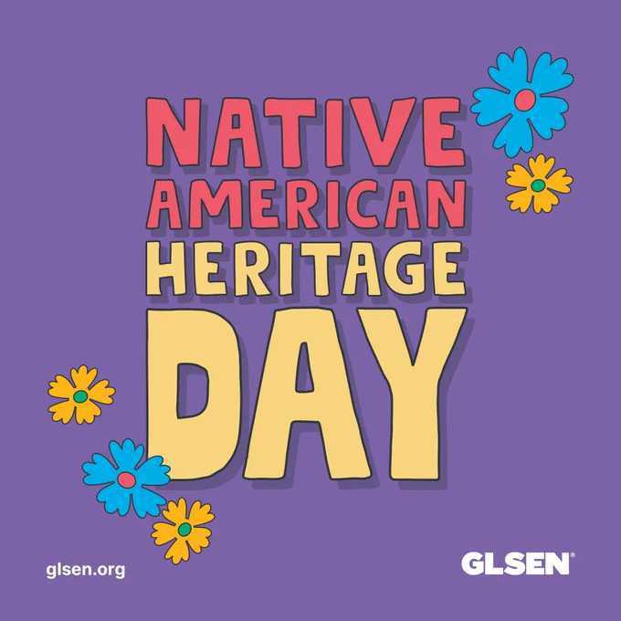 On a purple background , bold hand drawn letters reads "Native American Heritage Day. The text is surrounded by blue and yellow flowers.