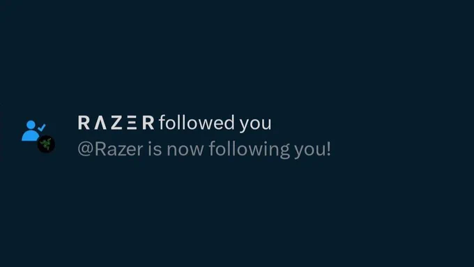 a screenshot of a "RAZER followed you" Twitter notification