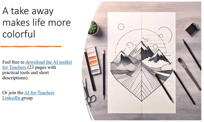 slide from presentation with links to AI toolkit for teachers, and the AI for teachers LinkedIn group