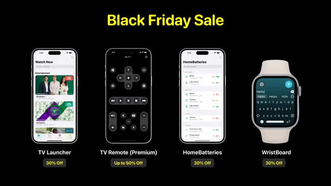 Screenshots of TV Launcher, TV Remote (Premium), HomeBatteries and WristBoard discounts