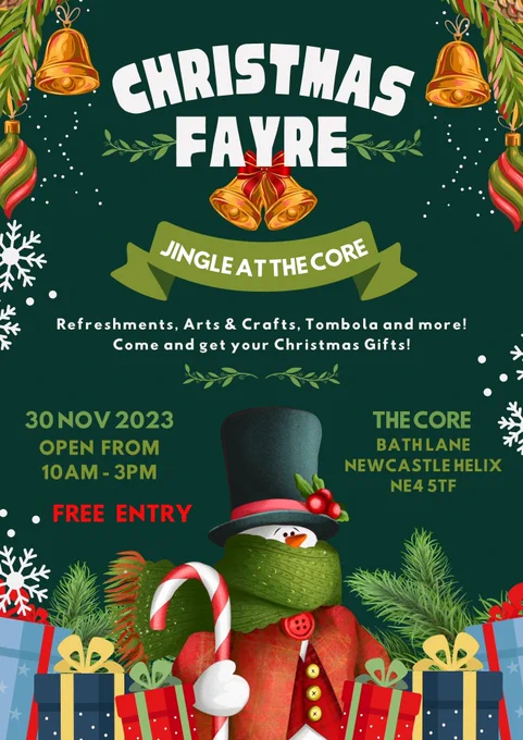 Come and join us for some festive cheer and Christmas shopping on Thursday, 30th November as we host our very first Christmas Fayre … Jingle at The Core starting at 10am to 3pm – FREE ENTRY! 
We are thrilled to have all local North-East stall holders on board.  There’s loads of different stalls from candles, chocolates, jewellery, prints, cards, crafts, cheese products, art, vintage gifts, perfumes, skincare, cupcakes, brownies, tombola and more. Fenwick will be here selling their popular hampers (a good choice if you looking to spoil yourself and your clients).  Explain Market Research will be hosting the Tombola stall in aid of White Ribbon charity.
The Meltdown will be here too selling some delicious grilled cheese sandwiches (with a Christmas twist) and Van-illa Treats will take care of all your refreshments with their fabulous coffee, hot chocolate, tea and home-made cakes.
There’s something for everyone … a one stop shop, to get all your Christmas presents under one roof!