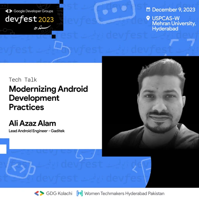 Revolutionize Your App World: Unveiling the Secrets of modernizing Android development! 🚀✨

We are excited to announce Ali Azaz Alam as a speaker for Road to Devfest Sindh #TechSayUraan!

Ali Azaz Alam is the Lead Android Engineer in Gaditek. He is a seasoned Android Application Developer with over 6 years of experience, currently working with Gaditek. From the beginning of his career, Ali has actively engaged in community building and open-source work, contributing to multiple projects on Github and providing solutions on StackOverflow. Notably, he has authored two Android libraries hosted on AndroidArsenal. With a strong ethos of "Learn and Teach," Ali writes articles published in renowned publications, some featured in Kotlin Weekly and Android Weekly newsletters. As a mentor and technical speaker, he has actively participated in GDG events, enriching the Android community with his insights and expertise. 

Link to register: bit.ly/devfest-sindh-23
#DevFestSindh #DevFest2023 